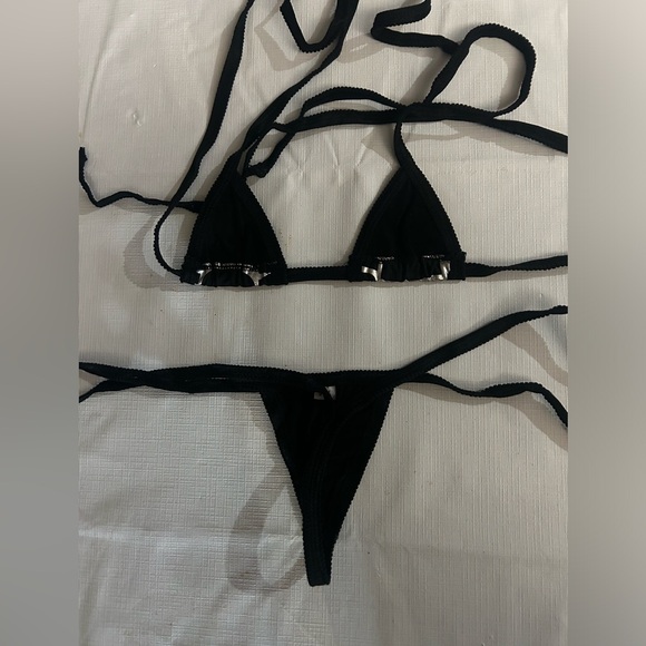 NWOT Sexy Skimpy Handmade Silver & Black Micro Tri-Top Y-String Bottom Bikini - Picture 5 of 7
